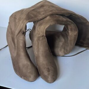 Thigh high tan faux suede 3.5” heal boot